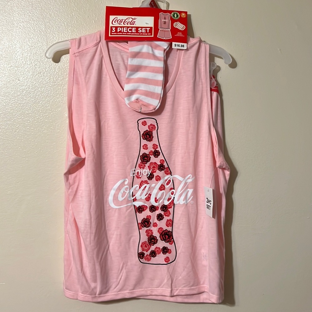 3 Piece Set Coca Cola Top Shorts Footie Socks Sleep Set Pajamas Size 8-10 Medium